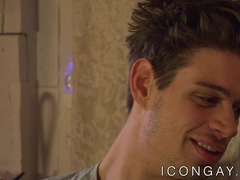 Gorgeous twink is on top of tattooed muscle daddy