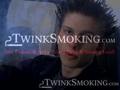 Attractive Ian Madrox is blowing smoke and starts stretching his cock in his smoky jeep