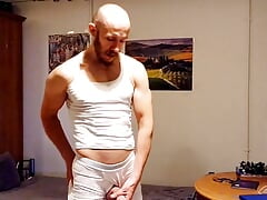 Posing and jerking in white shirt