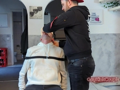 Tied on a tabouret at his mercy