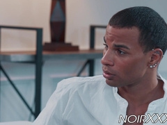 Handsome tall businessman anally fucks young hunky black gay