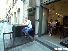 Scanty dude gets his head in the wc and a strap dildo in his donk