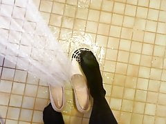 Showering wearing nude stiletto high heels and nylons