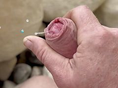 Wank and cum on beach
