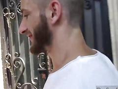 Bearded stud strips and jerks off with a gay guy