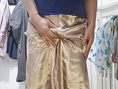 Cum wearing long satin skirt and blouse