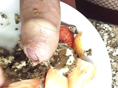 cock with cake and strawberries