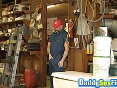 Hung tattooed daddy Sailor Blue masturbates solo and cums