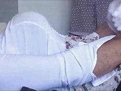 hofredo cum on her sexy white blouse.