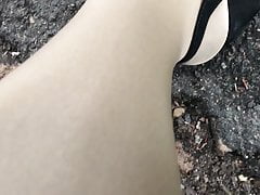 Crosserdresser outdoor in hotpants cumming on layered nylons