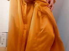 Masturbating and Peeing with Gold Satin Long Nightgown