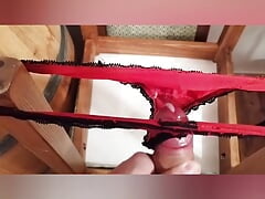 cum on dirty thong panty from Cousin jerk Off cum load