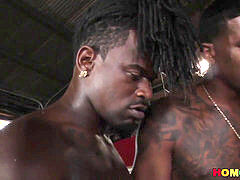 three ebony men sharing the mouth and cock-squeezing donk