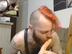 Gay sloppy blowjob, body harness, long distance