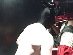 Crossdresser Sacha choking her guy on her cock