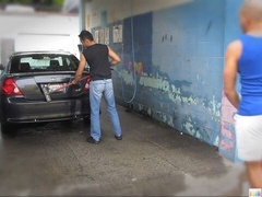 Car wash hottie Emilio Sands gets cummed on in public