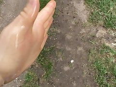 Wearing transparent latex gloves outdoor