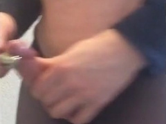 Dirty wank in mens toilet wearing sheer black pantyhose 2