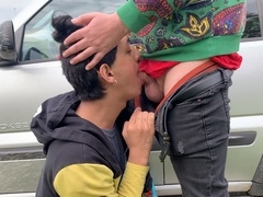 Naughty outdoor encounter: Little gay sissy gets face fucked in a car