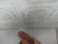 Femboy in da bathroom stroking off curved beef whistle