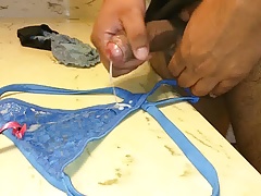 Cumming on sexy blue thong