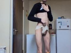 HIGHLY THIN TEENAGE WEARS HIS STEPMOMS UNDERPANTS AND DRAINS IN THE KITCHEN!