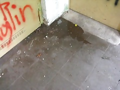 pissing in a good friends pee puddle in abandoned building