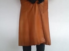 red leather skirt and brown leather coat