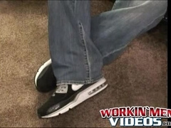 Amateur shows off his hairy cock in an interview and jerks