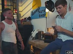 Bratty twink takes a mechanic's cock deep down his throat