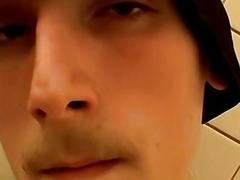 Skinny Shamus tugging straight cock in bathtub solo