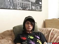 Gorgeous twink tugging and cumming at sex interview