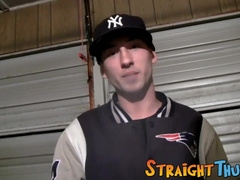 Tattooed straight dude stroking and cumming under the shower