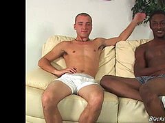 A shy twunk and a black guy throating off each other