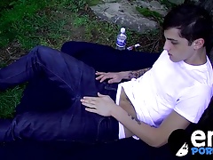Adorable tattooed emo Chris Porter twink jerks off outdoor