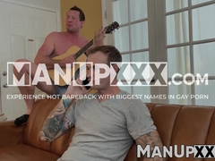 Tall guy plays guitar and gets slapped while moaning