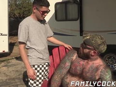 Backyard raw doggy style fucking between stepdad and his son