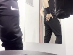 Young Boy in Thong Trying on New Pants, Sweet Ass and Popping Penis