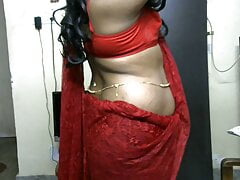Krithi Strip Tease in Red Saree, Navel Tease with Belly Chain, Curvy Hip Shakes, Sexy Ass & Boobs Show #IndianCrossy