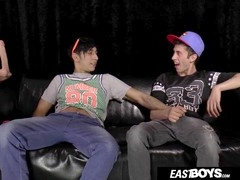 Two young dudes stroking each other's cocks