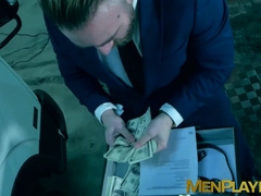 Blindfolded businessman Dani Rivera sucked dildo and fucked