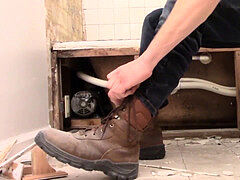 naughty plumber toying with his stiffy and making it rain