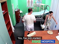 Kinky nurse in uniform can't resist cleaning a patient's room with her pussylicking skills