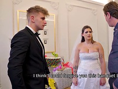 BRIDE4K. The bride spreads her legs in front of the wedding manager to ask for help