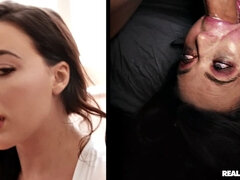 Blasen, Braunhaarige, Hundestellung, Aufs gesicht abspritzen, Strumpfhose, Titten