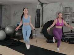 Taylee Wood and Jenny Doll working out with a big cock