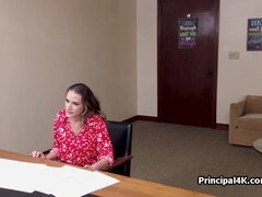 Big tit MILF calls home while riding the head teacher