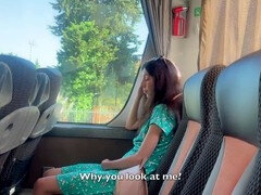 Wild guy shows off his hard-on on the bus, but the girl keeps her cool and helps him finish
