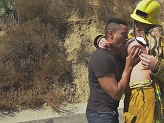 Busty firefighter TS MILF assfucked before rims her mans ass