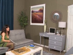 Watch this big-titted mature brunette in lingerie get hardcore interracial action